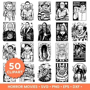 Puede incluir: Conjunto de imágenes prediseñadas en blanco y negro de personajes de películas de terror. Incluye imágenes de figuras icónicas como Chucky, Michael Myers, Freddy Krueger y Jason Voorhees. El conjunto contiene 50 imágenes prediseñadas.
