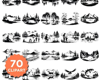 Lake Scene SVG-bundel: cabine silhouet clipart (digitale download)