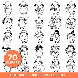May include: A collection of 70 cute sheep clipart in black and white. Each sheep is depicted in a unique pose, holding various objects like a camera, gift, or wearing accessories such as sunglasses or a pirate hat. The image includes the text "CUTE SHEEP" and file type options.