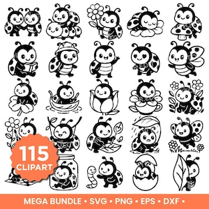 May include: A collection of 115 black and white ladybug clipart images. The ladybugs are depicted in various poses, some holding flowers, reading books, or in a teacup. The image includes the text "MEGA BUNDLE" and file type options.
