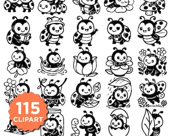 Schattig lieveheersbeestje SVG PNG-bundel | Kawaii-insectenclips voor Cricut Silhouette | Lieveheersbeestje lasergesneden SVG-bestanden Kids Crafts Dieren T-shirts Stickers