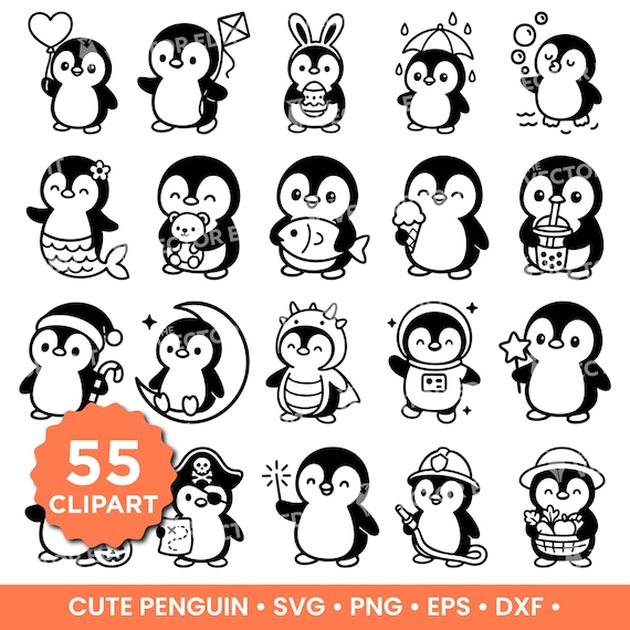 Penguin SVG PNG Bundle Cute Penguin Clipart for Cricut Silhouette Penguin Laser Cut Files Kids Crafts Sticker Animal Penguin T-Shirt Design