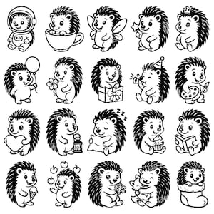 May include: A series of black and white cartoon hedgehog illustrations. The hedgehogs are shown in different scenarios, such as holding a gift, wearing a party hat, and reading a book. Ideal for stickers or craft projects.