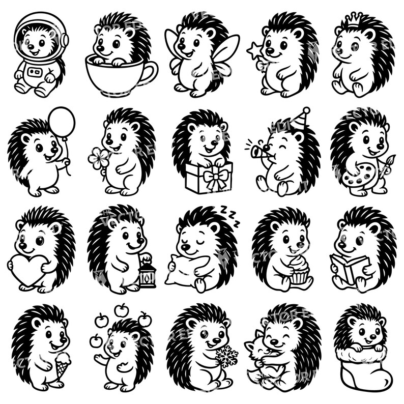 May include: A series of black and white cartoon hedgehog illustrations. The hedgehogs are shown in different scenarios, such as holding a gift, wearing a party hat, and reading a book. Ideal for stickers or craft projects.