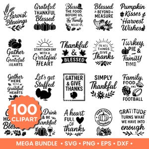 Puede incluir: Una colección de 100 diseños de imágenes prediseñadas con temática de Acción de Gracias en blanco y negro. Los diseños incluyen frases como "Harvest Blessings", "Grateful" y "Thankful", junto con imágenes de calabazas, pavos y hojas. El paquete incluye archivos SVG, PNG, EPS y DXF.