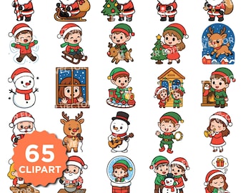 Leuke kerst-SVG-bundel | Chibi-tekens PNG kawaii kerstman elf rendieren sneeuwpop clipart Cricut silhouet gesneden bestanden T-shirt ontwerp vector
