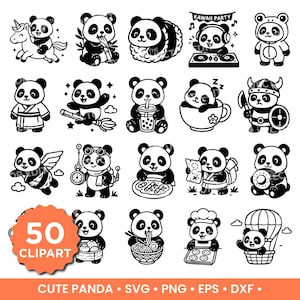 Pacchetto di clipart SVG PNG di panda carino / file Cricut di panda, file PNG di panda, file vettoriali SVG di panda dei cartoni animati, download digitale di panda
