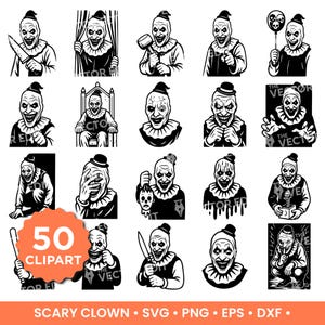 Terrifying Clown SVG PNG Bundle Scary Horror Clown Faces Creepy Circus SVG for Cricut & Silhouette Halloween Evil Clown Cut Files