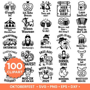Può includere: Una collezione di 100 clipart a tema Oktoberfest in bianco e nero. Le illustrazioni includono boccali di birra, pretzel, persone in abiti tradizionali e testo come "Oktoberfest".
