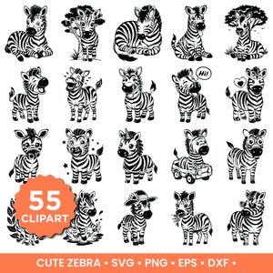 Cute Zebra SVG Bundle | Cartoon Zebra PNG Clipart Zebra Silhouette SVG Animal Cricut & Silhouette Files Kids Safari Jungle Decor Sublimation