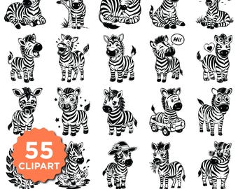 Cute Zebra SVG Bundle | Cartoon Zebra PNG Clipart Zebra Silhouette SVG Animal Cricut & Silhouette Files Kids Safari Jungle Decor Sublimation