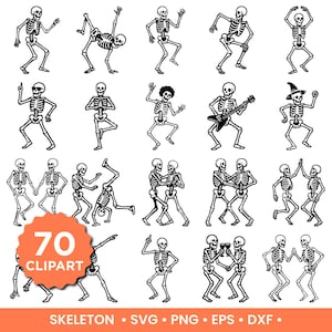 Puede incluir: Una colección de 70 imágenes prediseñadas de esqueletos en blanco y negro en varias poses, incluyendo bailar, tocar la guitarra y hacer yoga. Las imágenes están etiquetadas como "SKELETON" y "70 CLIPART".