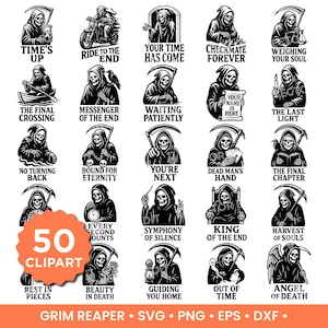 May include: A set of 50 Grim Reaper clipart images in black and white. The images show the Grim Reaper in different scenarios, with text such as "Time's Up," "The Final Crossing," and "Out of Time."