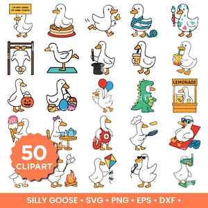 Puede incluir: Una colección de 50 imágenes prediseñadas de gansos de dibujos animados. Los gansos blancos se representan en varias situaciones, como sosteniendo globos, usando un gorro de chef y vendiendo limonada. También está presente el texto "SILLY GOOSE" y "CLIPART".
