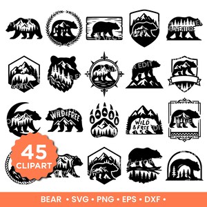 Puede incluir: Una colección de 45 diseños de imágenes prediseñadas de osos en blanco y negro. Los diseños incluyen siluetas de osos, escenas de montañas, huellas de patas y elementos de texto como "WILD & FREE" y "ADVENTURE". También está presente la palabra "CLIPART".