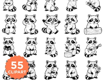 Paquete SVG de mapache, lindo mapache PNG, clipart de mapache, archivos de corte de animales salvajes para Cricut, silueta, bosque, paquete PNG