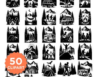 Kamperen en wandelen SVG-bundel ontwerpen voor outdooravontuur (digitale download)
