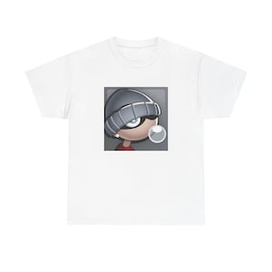 May include: White t-shirt featuring a cartoon illustration of a person wearing a gray beanie and sunglasses, blowing a bubble. The person has a red shirt. The graphic is in a square on the front of the shirt.