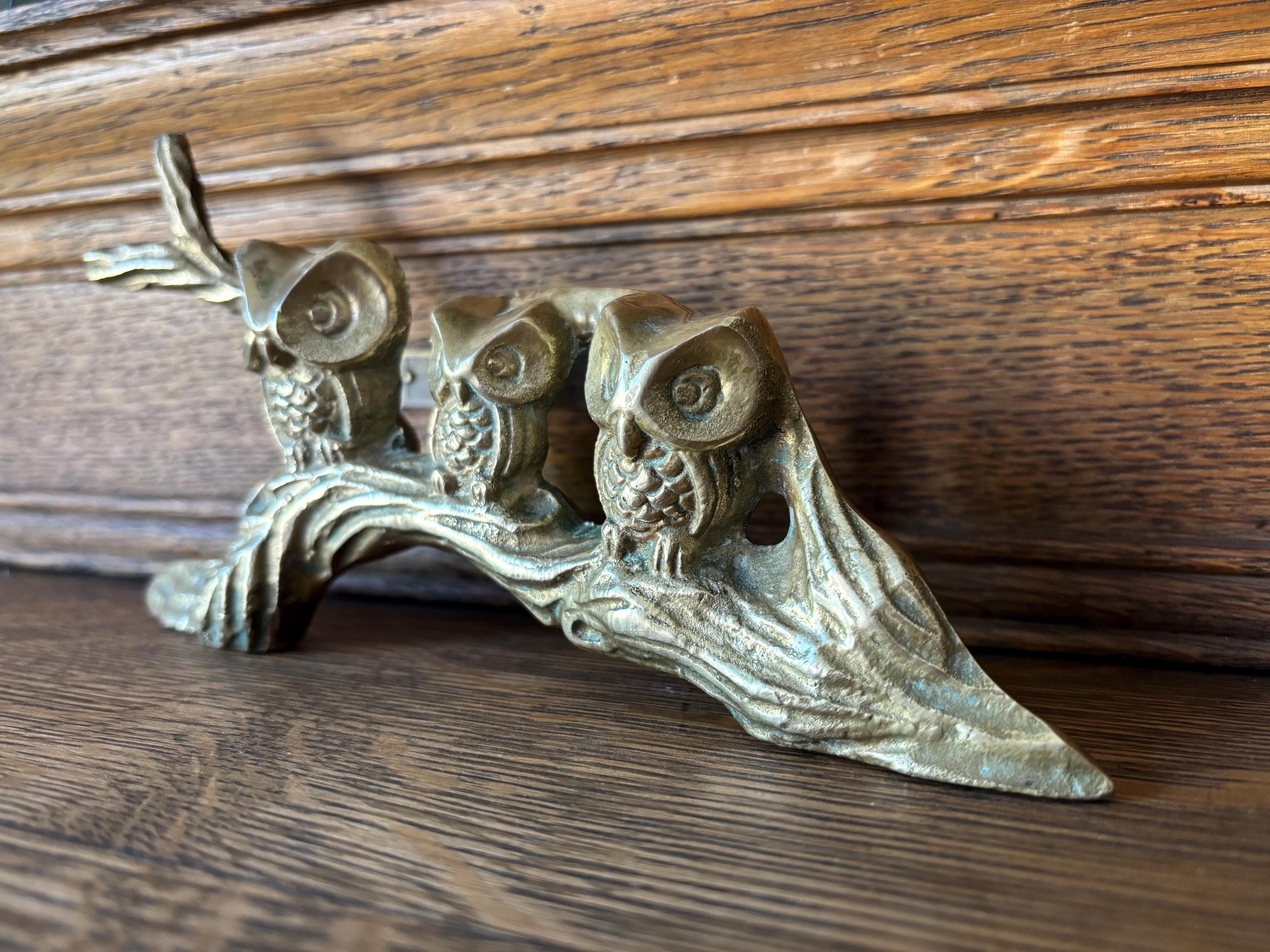 Vintage Brass Owls on Branch