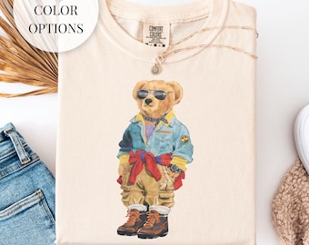 Cool Bear in Denim Jacket T-shirt | Retro Polo Bear Illustration