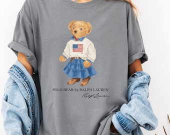Vintage American Flag Girl Bear T shirt