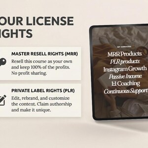 May include: Image showcasing license rights, including Master Resell Rights (MRR) and Private Label Rights (PLR). A tablet displays services like MRR products, Instagram growth, and 1:1 coaching. The text emphasizes reselling courses and customizing content.