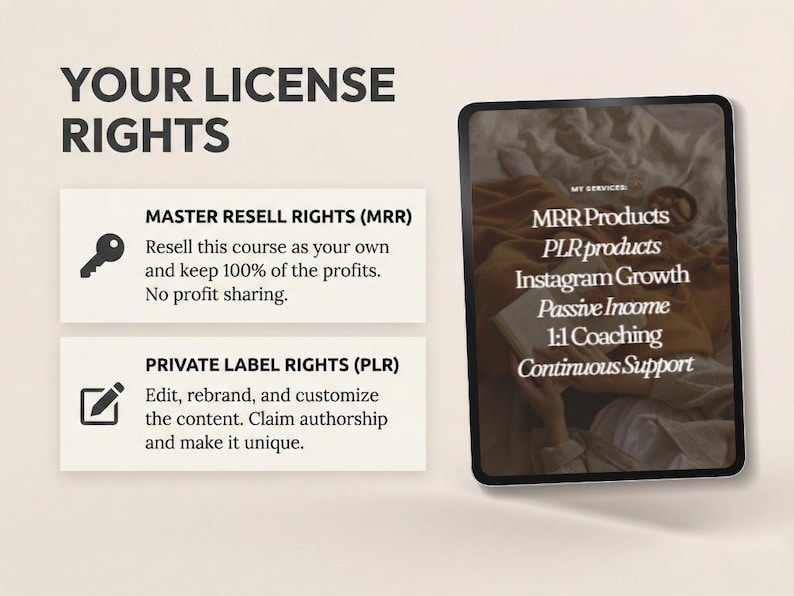 May include: Image showcasing license rights, including Master Resell Rights (MRR) and Private Label Rights (PLR). A tablet displays services like MRR products, Instagram growth, and 1:1 coaching. The text emphasizes reselling courses and customizing content.