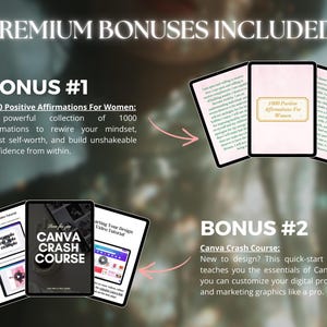 K&ouml;nnte beinhalten: Das Bild zeigt digitale Boni, darunter eine Sammlung von 1000 positiven Affirmationen und einen Canva Crashkurs. Der Text lautet "Premium-Boni enthalten!" und hebt die Vorteile jedes Bonus hervor.