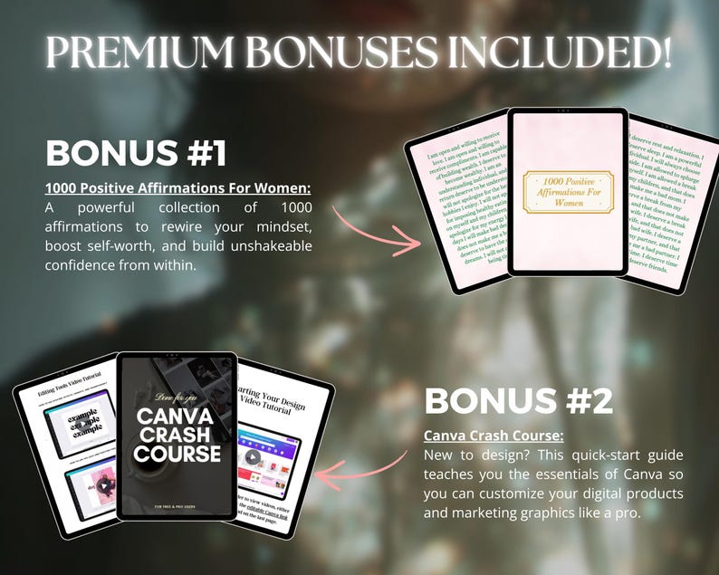 K&ouml;nnte beinhalten: Das Bild zeigt digitale Boni, darunter eine Sammlung von 1000 positiven Affirmationen und einen Canva Crashkurs. Der Text lautet "Premium-Boni enthalten!" und hebt die Vorteile jedes Bonus hervor.