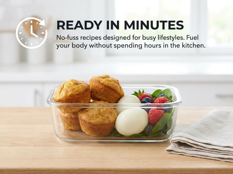 May include: A rectangular glass food storage container filled with three golden-brown muffins, two peeled hard-boiled eggs, fresh spinach leaves, raspberries, and blueberries. Text reads: READY IN MINUTES. No-fuss recipes designed for busy lifestyles.