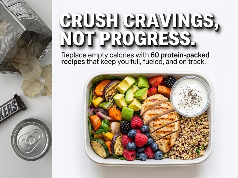 May include: A rectangular meal container holds grilled chicken, quinoa, avocado, roasted vegetables, and berries next to a small cup of yoghurt. Text reads: CRUSH CRAVINGS, NOT PROGRESS. Replace empty calories with 60 protein-packed recipes that keep you full, fueled, and on track.