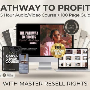 A digital marketing course titled "Pathway to Profits." The image features a computer monitor, laptop, tablet, and smartphone displaying course content. The text includes "2.5 Hour Audio/Video Course + 100 Page Guide" and "With Master Resell Rights."