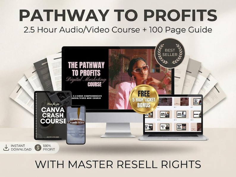A digital marketing course titled "Pathway to Profits." The image features a computer monitor, laptop, tablet, and smartphone displaying course content. The text includes "2.5 Hour Audio/Video Course + 100 Page Guide" and "With Master Resell Rights."