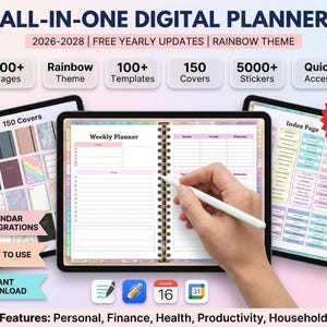 May include: An all-in-one digital planner for 2026-2028 with a rainbow theme, featuring 600+ pages, 100+ templates, 150 covers, and 5000+ stickers. The interface includes a weekly planner layout, index page, and calendar integration options.
