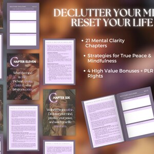 May include: A collection of digital pages with the text "DECLUTTER YOUR MIND RESET YOUR LIFE". The pages include text about mental clarity, peace, mindfulness, and bonuses. The color scheme is primarily purple and white.