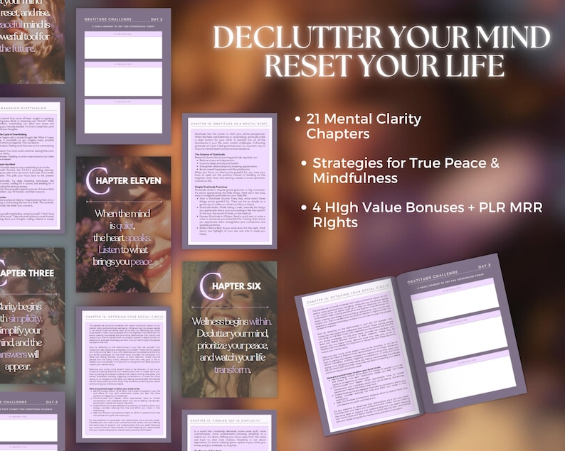May include: A collection of digital pages with the text "DECLUTTER YOUR MIND RESET YOUR LIFE". The pages include text about mental clarity, peace, mindfulness, and bonuses. The color scheme is primarily purple and white.