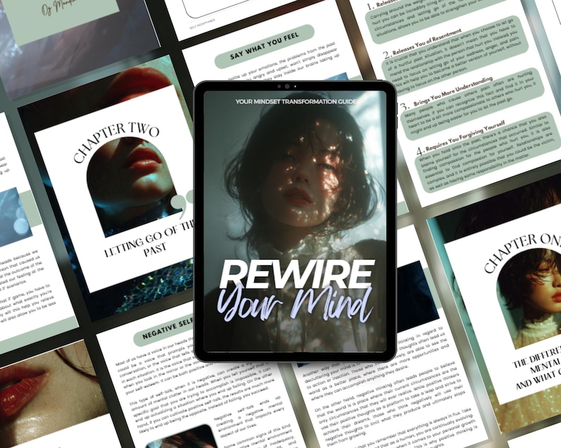 K&ouml;nnte beinhalten: Ein digitales Tablet mit einem Selbsthilfe-Ratgeber mit dem Titel "Rewire Your Mind". Das Cover zeigt das Gesicht einer Frau mit Lichteffekten. Umgebende Seiten enthalten Text und Bilder, mit Kapiteltiteln wie "Letting Go of the Past."