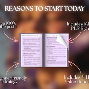May include: An open book with the title "REASONS TO START TODAY" is displayed, with text that reads "Keep 100% of the profit", "Includes MRR + PLR Rights", "Beginner friendly strategy", and "Includes 4 High Value Bonuses". The book's pages are visible.