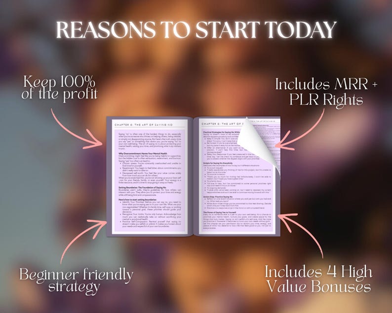 May include: An open book with the title "REASONS TO START TODAY" is displayed, with text that reads "Keep 100% of the profit", "Includes MRR + PLR Rights", "Beginner friendly strategy", and "Includes 4 High Value Bonuses". The book's pages are visible.