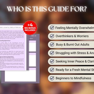 May include: A guide titled "WHO IS THIS GUIDE FOR?" with text about digital decluttering and bonus content. The guide lists topics including feeling overwhelmed, overthinking, stress, and seeking clarity. A red sticker says "+4 BIG BONUS INCLUDED!"