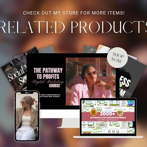 May include: Image featuring a desktop computer, laptop, and smartphone displaying digital marketing and Etsy-related content. The text includes "RELATED PRODUCTS", "THE PATHWAY TO PROFITS", and "ULTIMATE ETSY MOCKUP BUNDLE".
