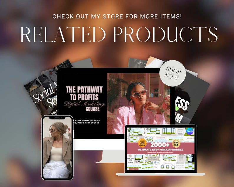 May include: Image featuring a desktop computer, laptop, and smartphone displaying digital marketing and Etsy-related content. The text includes "RELATED PRODUCTS", "THE PATHWAY TO PROFITS", and "ULTIMATE ETSY MOCKUP BUNDLE".