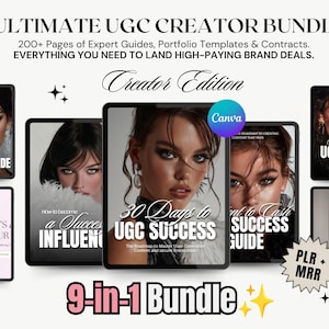 May include: A digital bundle for UGC creators, featuring guides and templates. The image shows tablets with titles such as "30 Days to UGC Success" and "UGC Guide." Text includes "Ultimate UGC Creator Bundle" and "9-in-1 Bundle."