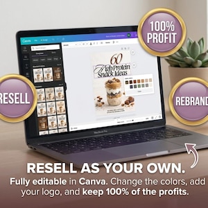 May include: A laptop displaying a Canva design interface for a document titled 60 High Protein Snack Ideas. Three circular badges with gold borders and purple centres read 100% PROFIT, RESELL, and REBRAND. Text below states RESELL AS YOUR OWN.
