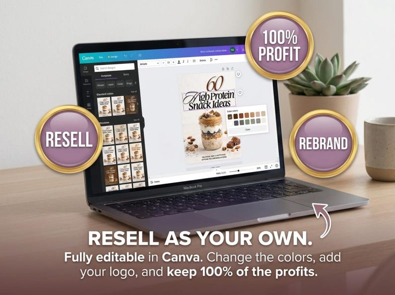 May include: A laptop displaying a Canva design interface for a document titled 60 High Protein Snack Ideas. Three circular badges with gold borders and purple centres read 100% PROFIT, RESELL, and REBRAND. Text below states RESELL AS YOUR OWN.