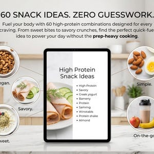 May include: A digital tablet displaying a list titled High Protein Snack Ideas, surrounded by circular images of food including nuts, sliced turkey, yogurt with berries, a hard-boiled egg, and a protein shake, with the text 60 SNACK IDEAS. ZERO GUESSWORK.