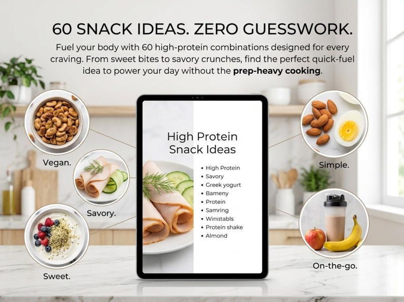 May include: A digital tablet displaying a list titled High Protein Snack Ideas, surrounded by circular images of food including nuts, sliced turkey, yogurt with berries, a hard-boiled egg, and a protein shake, with the text 60 SNACK IDEAS. ZERO GUESSWORK.