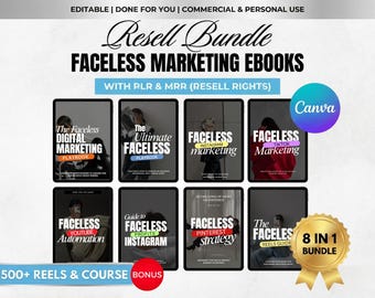 Faceless Marketing Ebook Bundle | 8 PLR MRR Ebooks Canva Templates | Done For You Lead Magnet Faceless | Resell Rights Simply Passive Profit