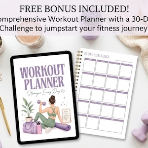 May include: A digital tablet displaying a workout planner cover with the text WORKOUT PLANNER Stronger Every Day and an illustration of a person exercising, alongside a spiral-bound 30-day challenge calendar page with purple grid boxes.
