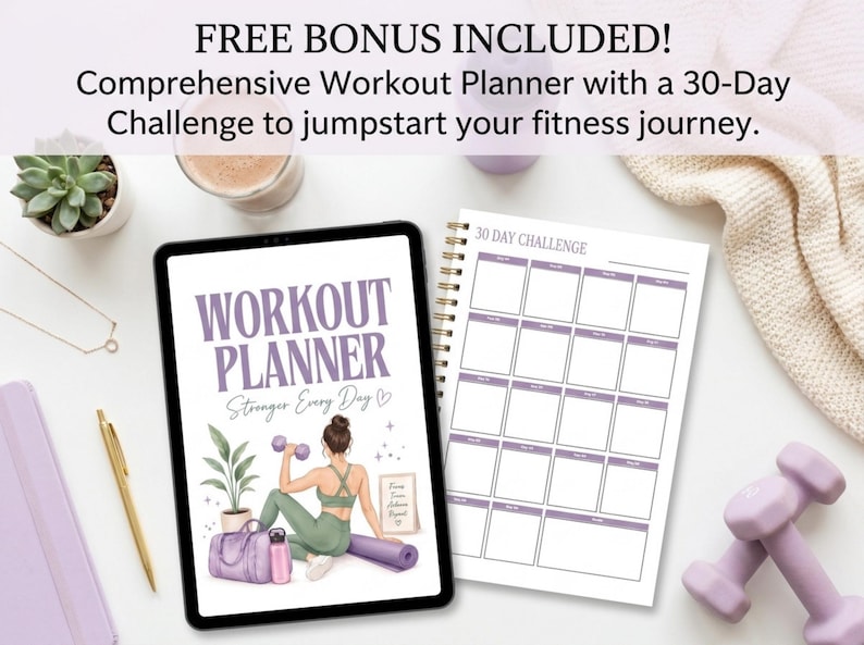 May include: A digital tablet displaying a workout planner cover with the text WORKOUT PLANNER Stronger Every Day and an illustration of a person exercising, alongside a spiral-bound 30-day challenge calendar page with purple grid boxes.